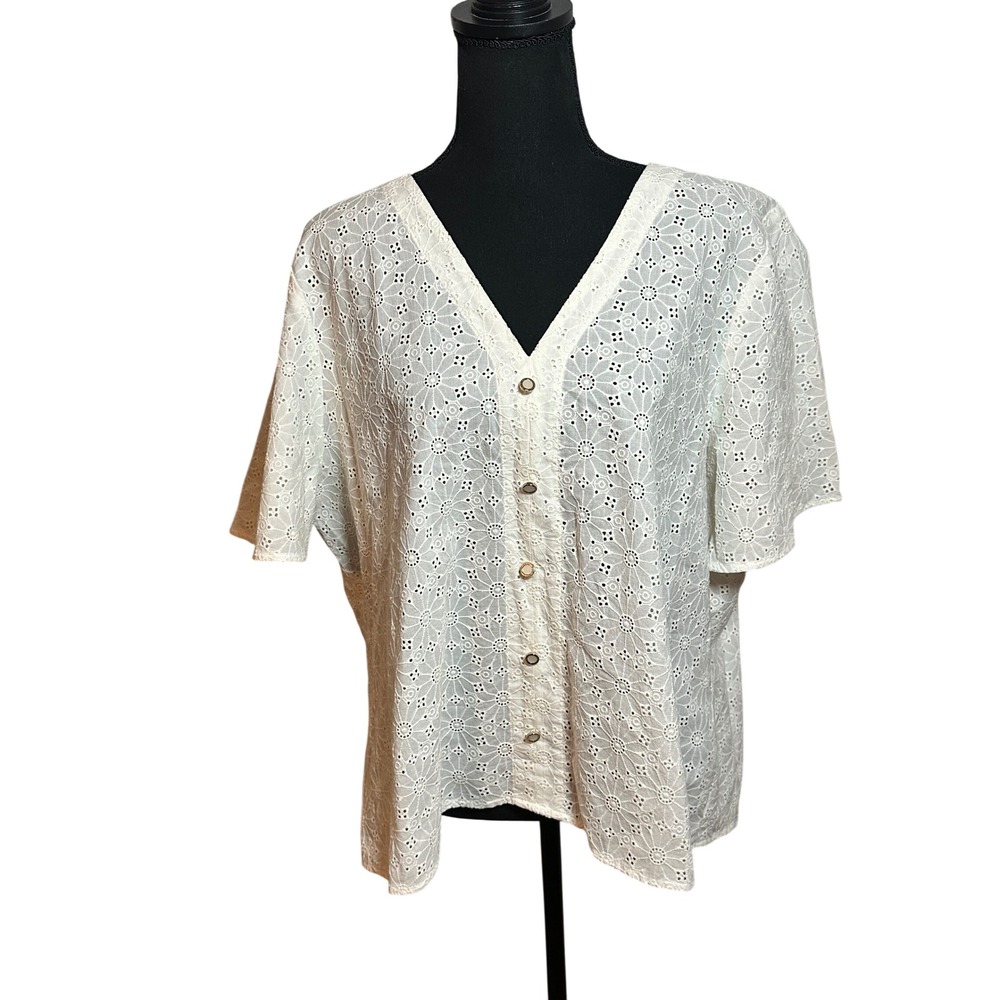 Spartina 449 Womens XXL White Cotton Floral Eyelet V-Neck Button Front Blouse